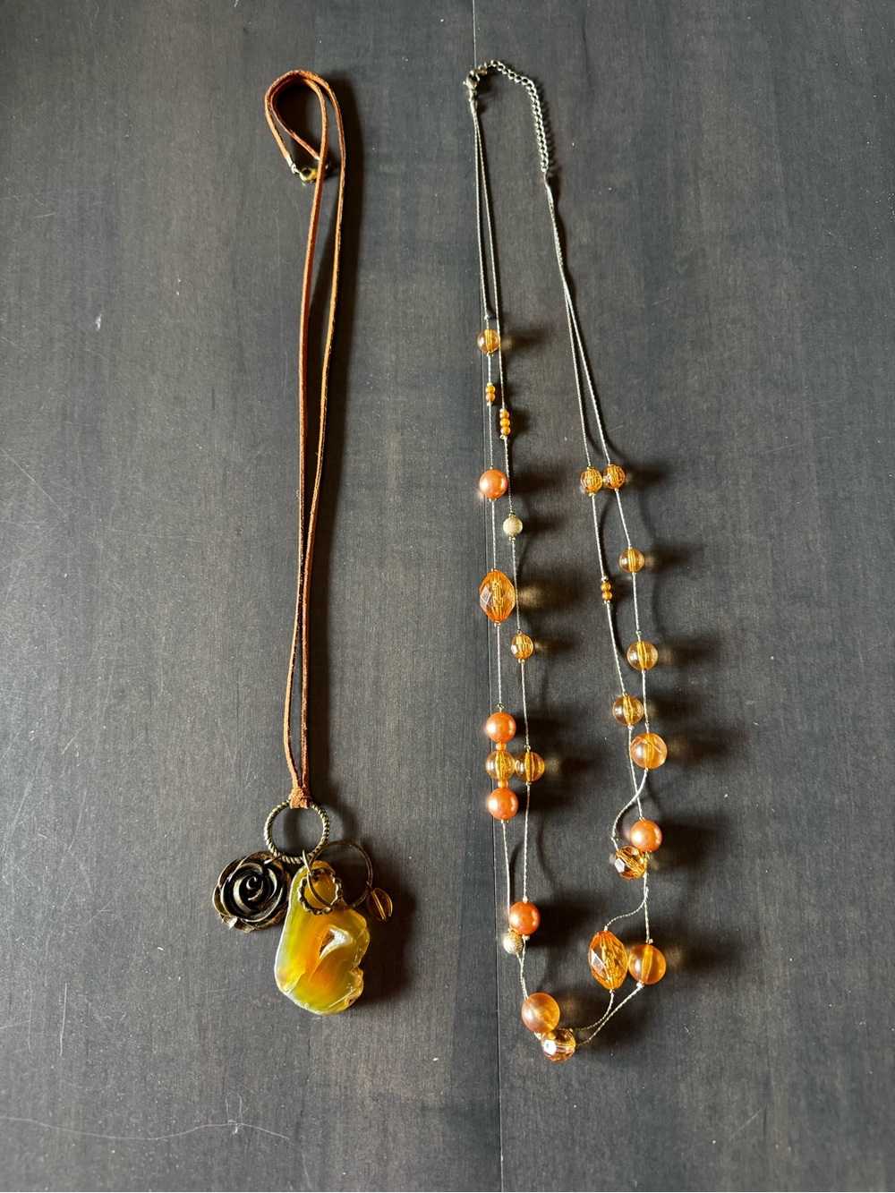 2 Boho Bohemian Necklaces Leather cord, gold tone chain Amber stone Amber beads